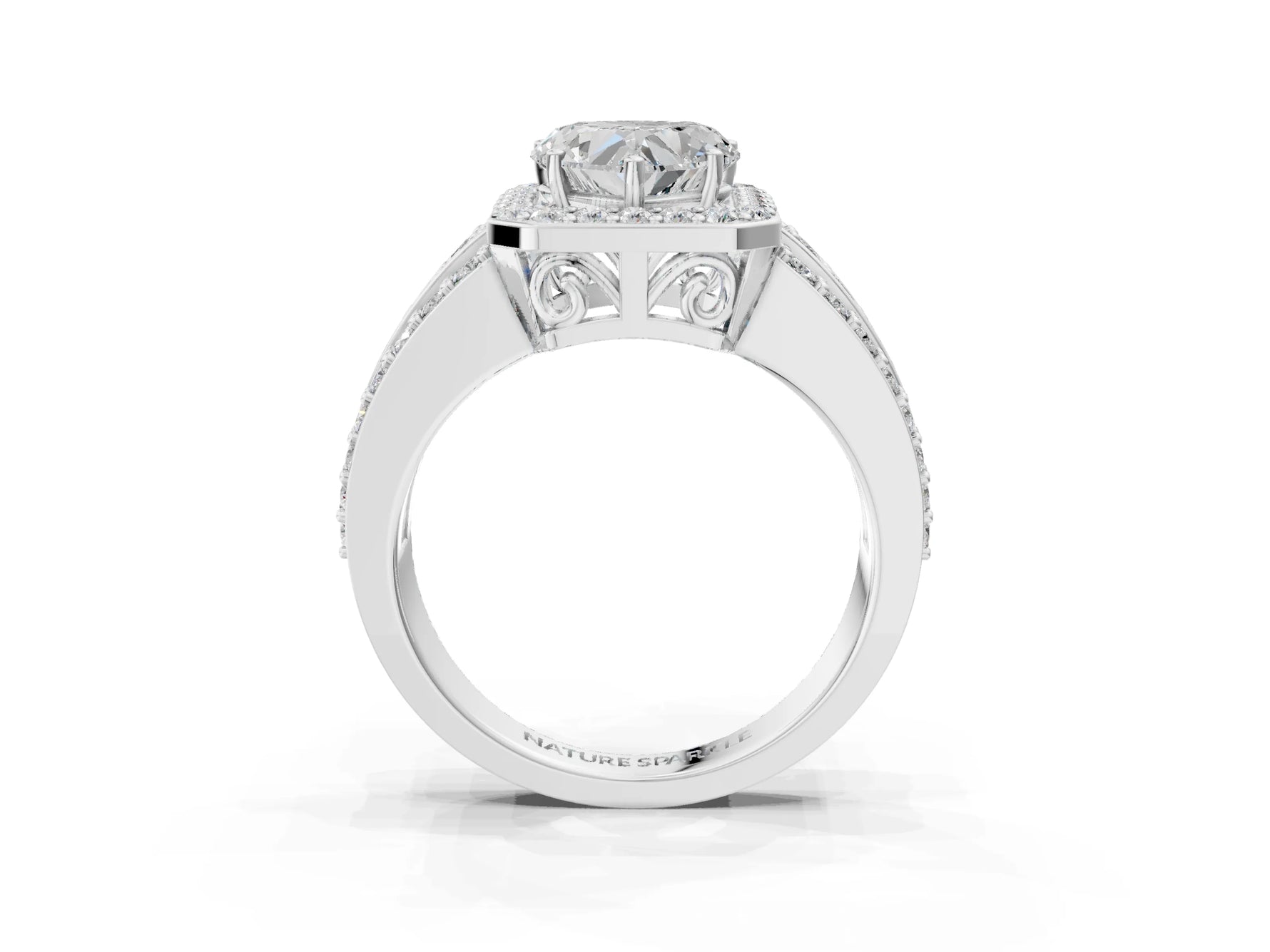 Heart Cut Diamond Halo Engagement Ring in White gold with Triple-Row Round Band_21