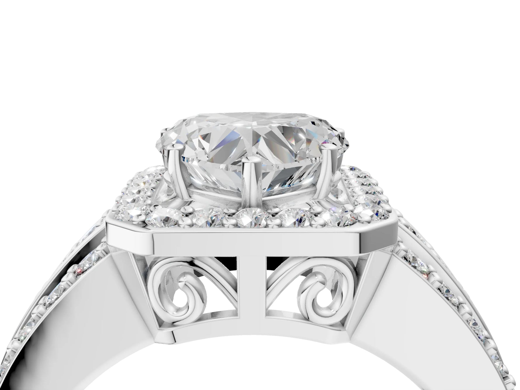 Heart Cut Diamond Halo Engagement Ring in White gold with Triple-Row Round Band_22