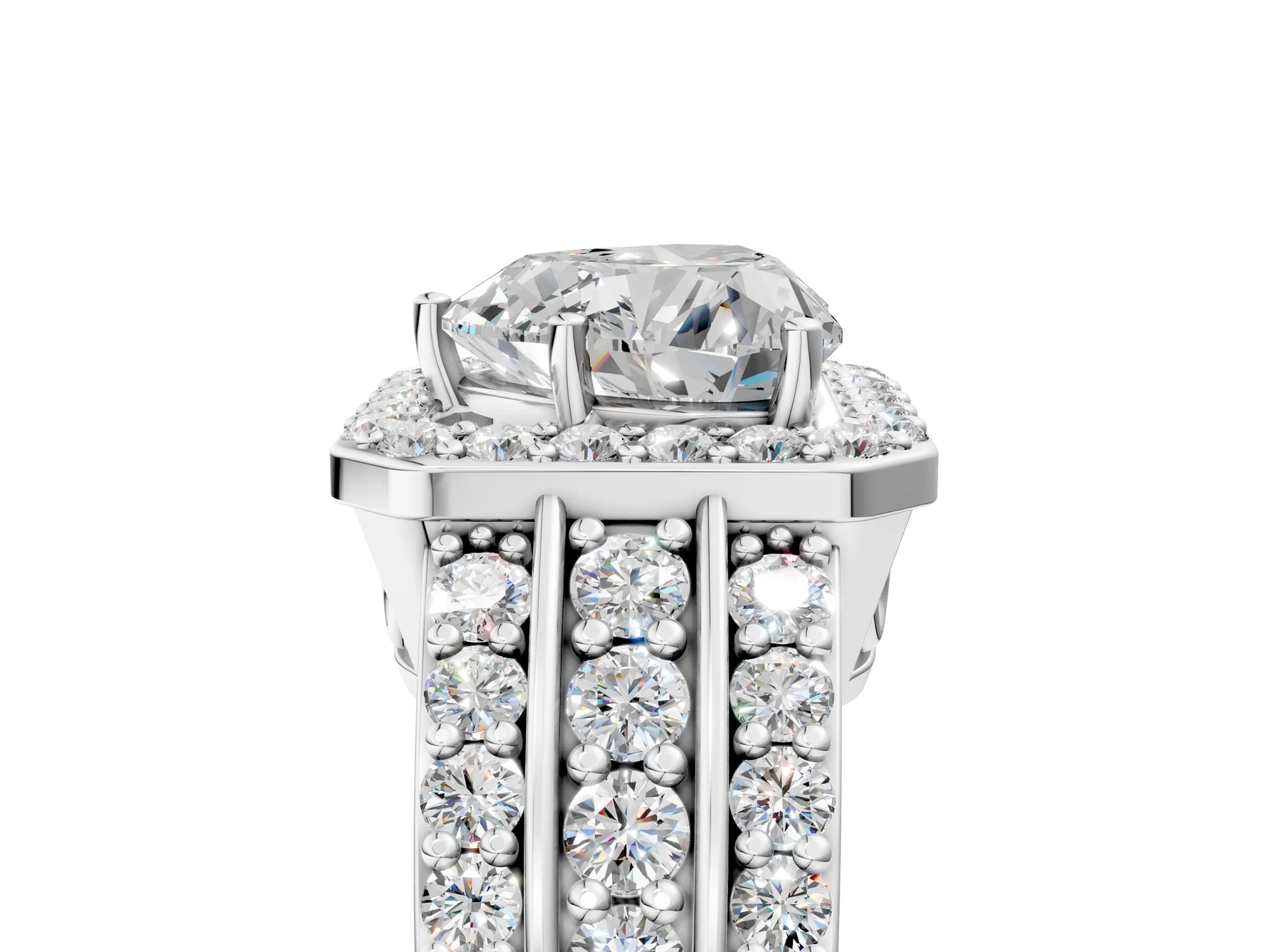 Heart Cut Diamond Halo Engagement Ring in White gold with Triple-Row Round Band_23