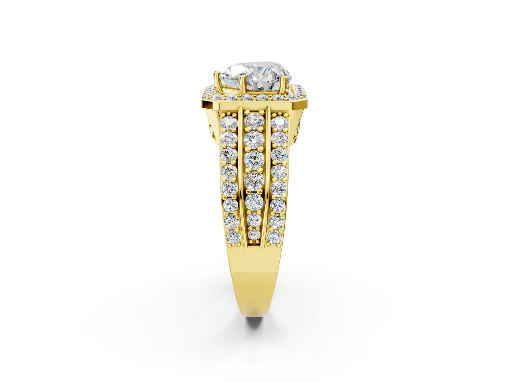Heart Cut Diamond Halo Engagement Ring in Yellow gold with Triple-Row Round Band_20