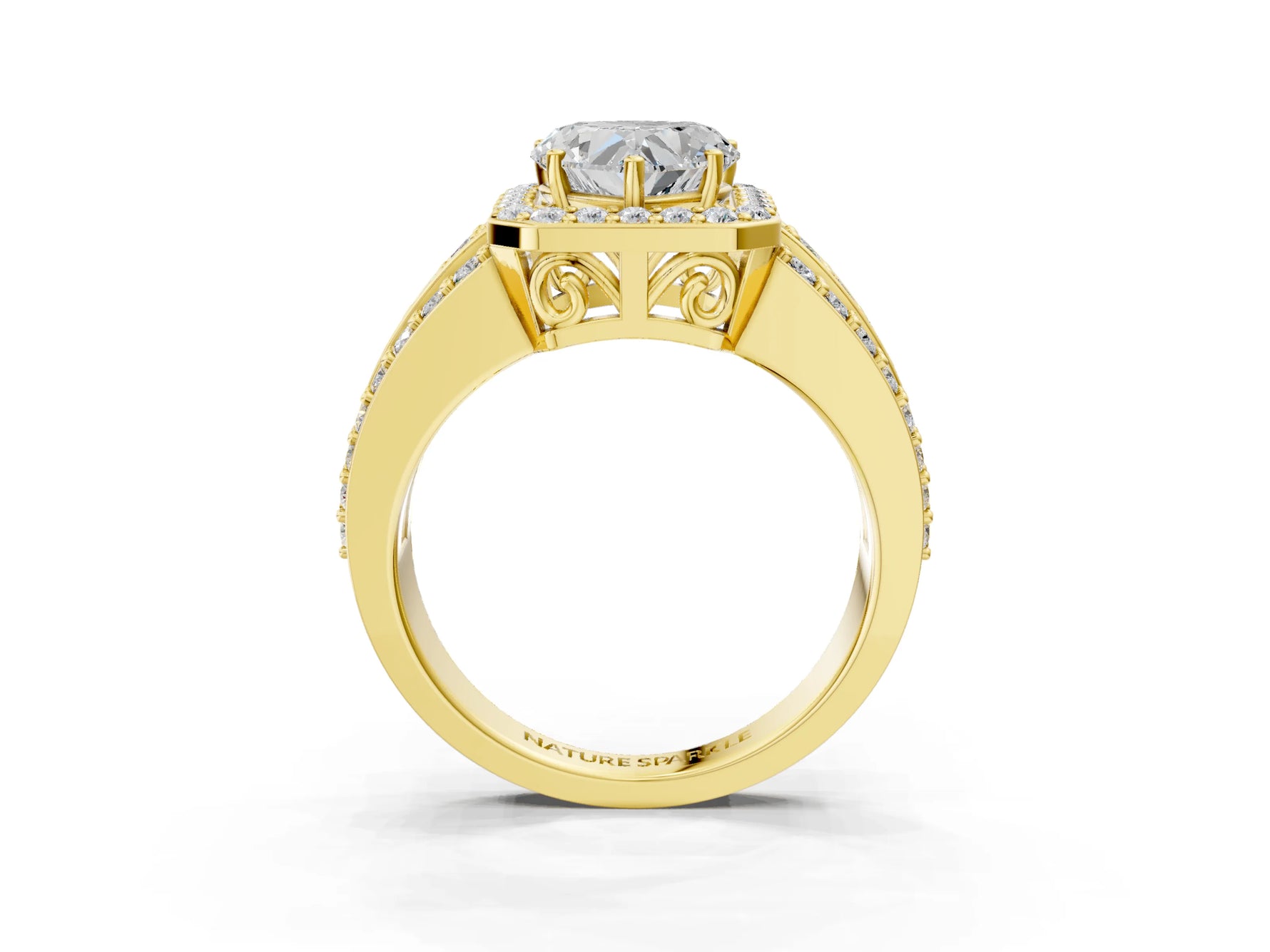 Heart Cut Diamond Halo Engagement Ring in Yellow gold with Triple-Row Round Band_21
