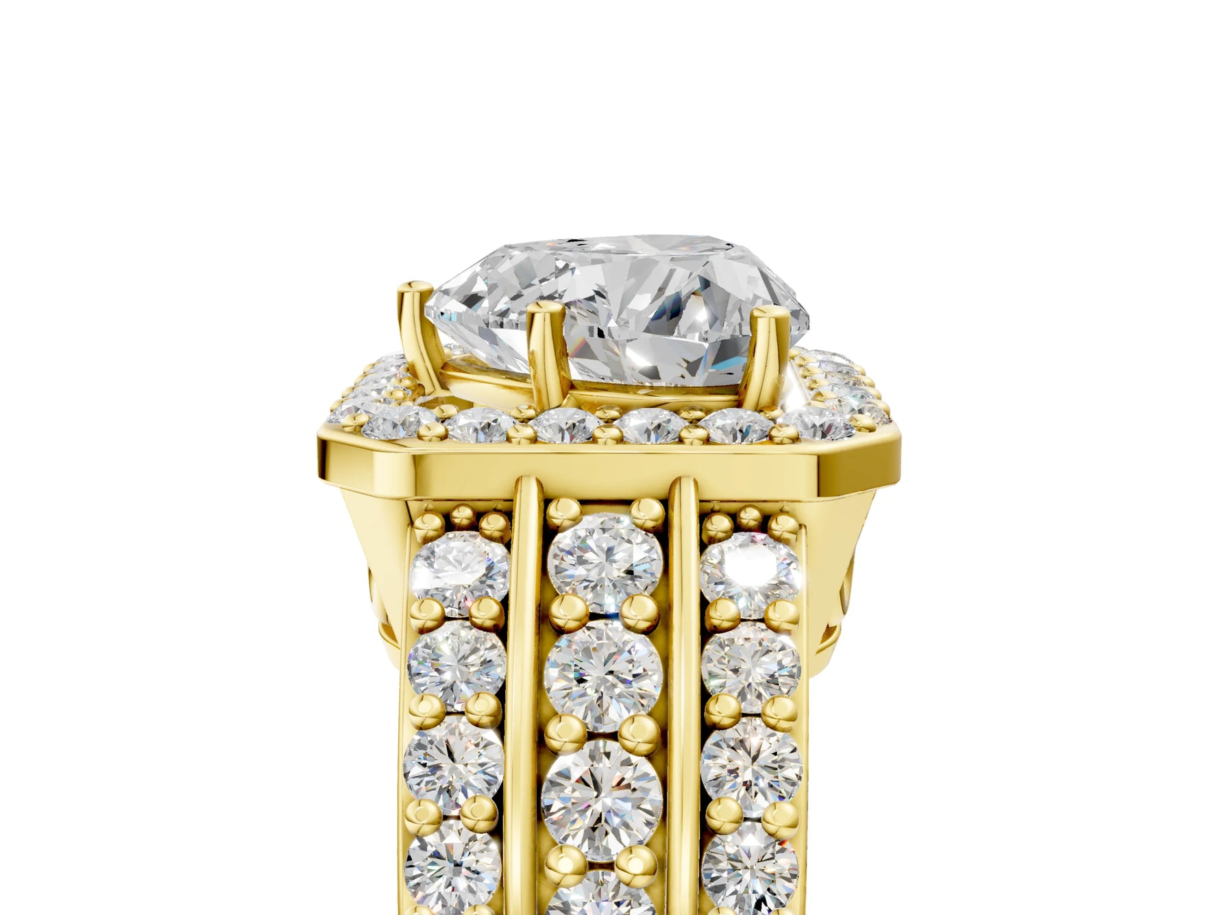 Heart Cut Diamond Halo Engagement Ring in Yellow gold with Triple-Row Round Band_23