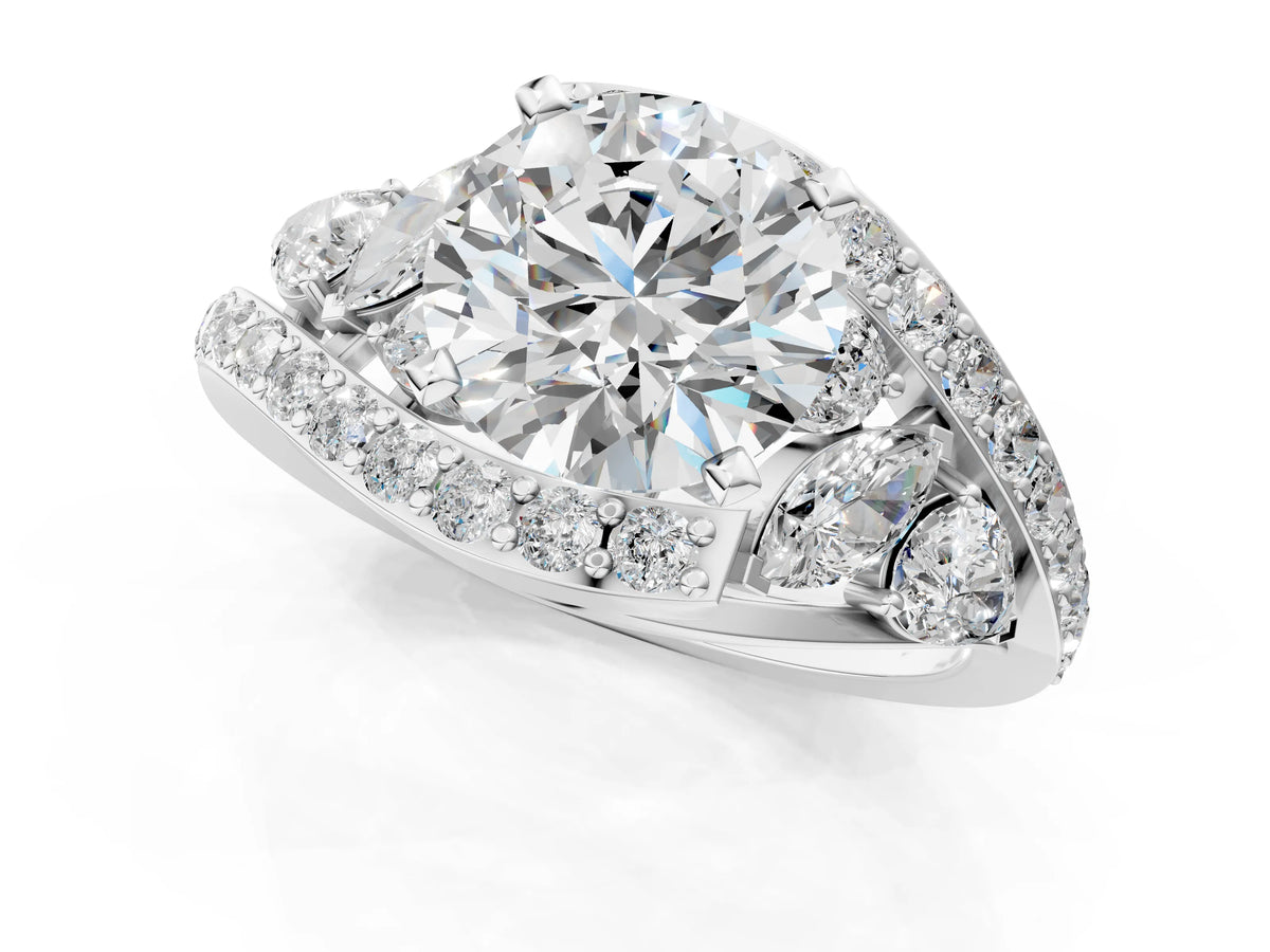 Heart Cut Diamond Halo Ring in Silver with Marquise and Pavé Band in Prong Setting_1