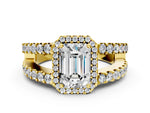 Heart Cut Diamond Halo Ring in Yellow gold with Split Shank Band and Prong Setting