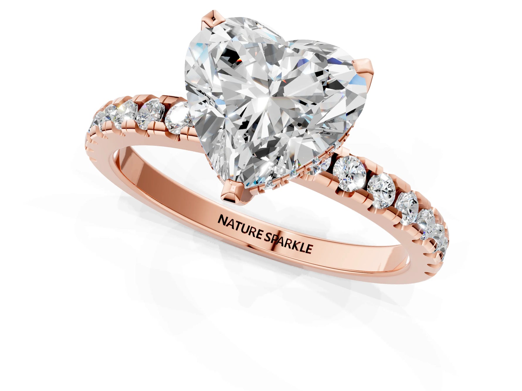 Heart Cut Diamond Hidden Halo Solitaire Ring in Rose gold with Round Pavé Band and Prong Setting_25