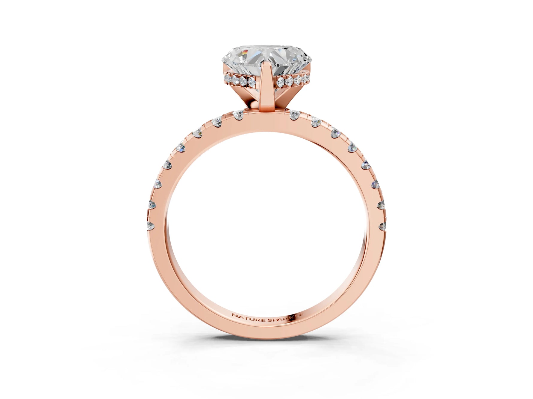 Heart Cut Diamond Hidden Halo Solitaire Ring in Rose gold with Round Pavé Band and Prong Setting_27