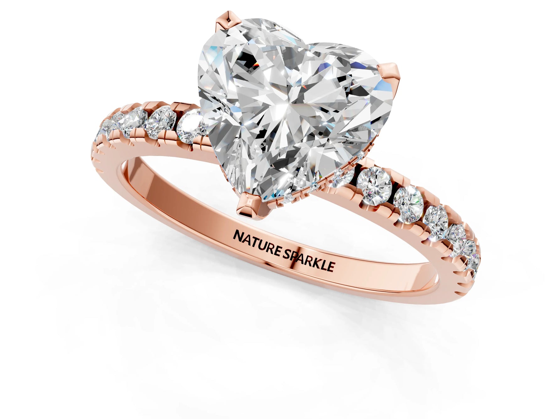 Heart Cut Diamond Hidden Halo Solitaire Ring in Rose gold with Round Pavé Band and Prong Setting_37