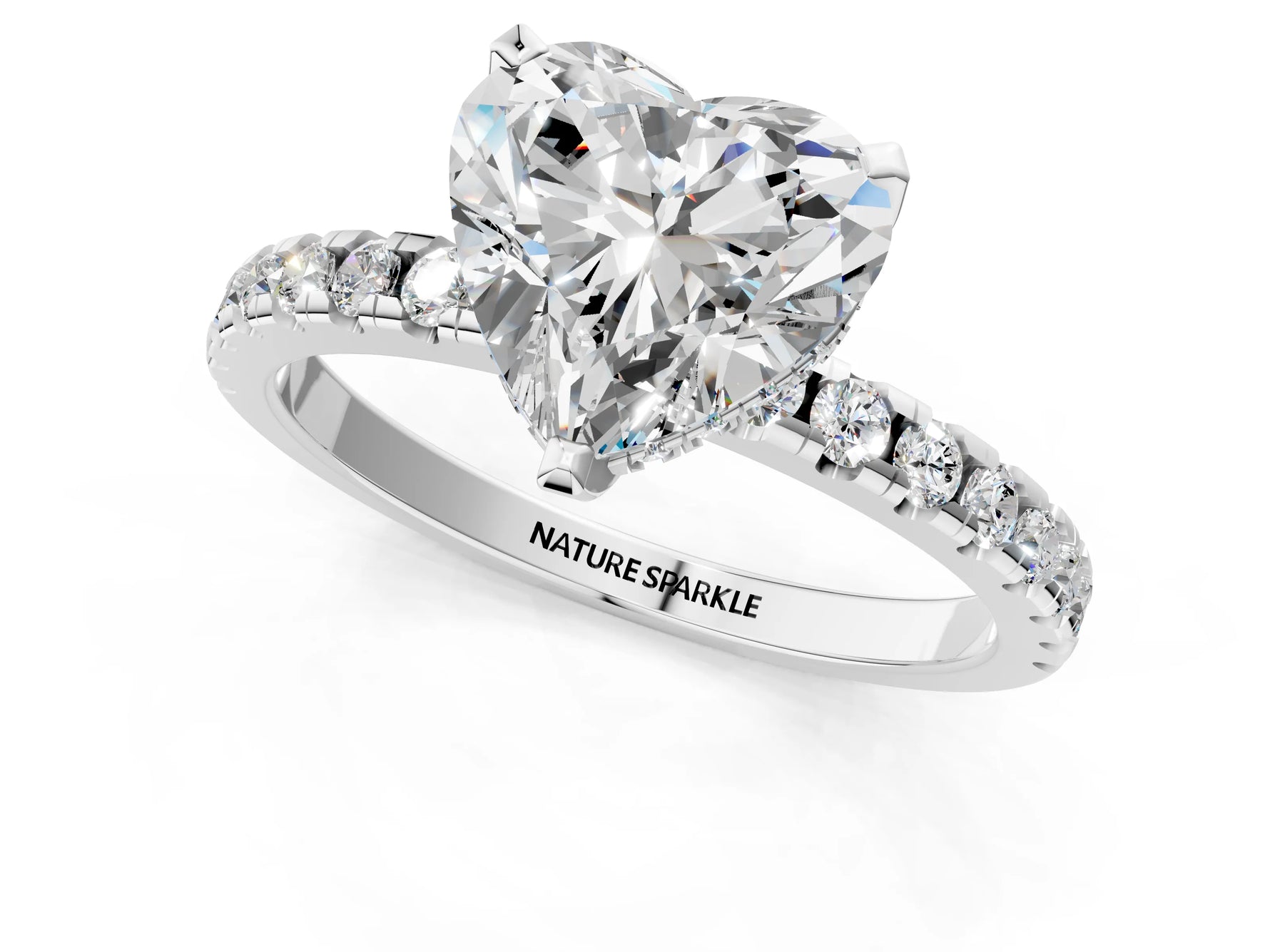 Heart Cut Diamond Hidden Halo Solitaire Ring in White gold with Round Pavé Band and Prong Setting_25