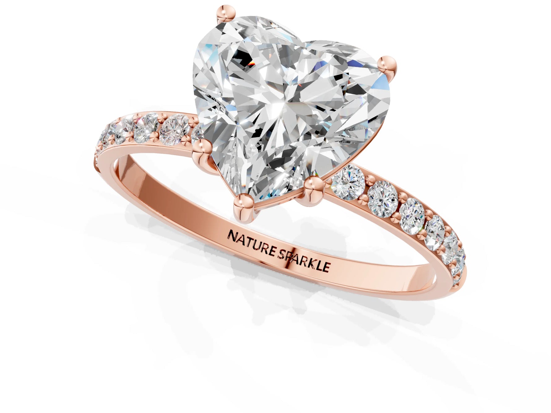 Heart Cut Diamond Pavé Band Solitaire Ring in Rose gold with Round Accents_25