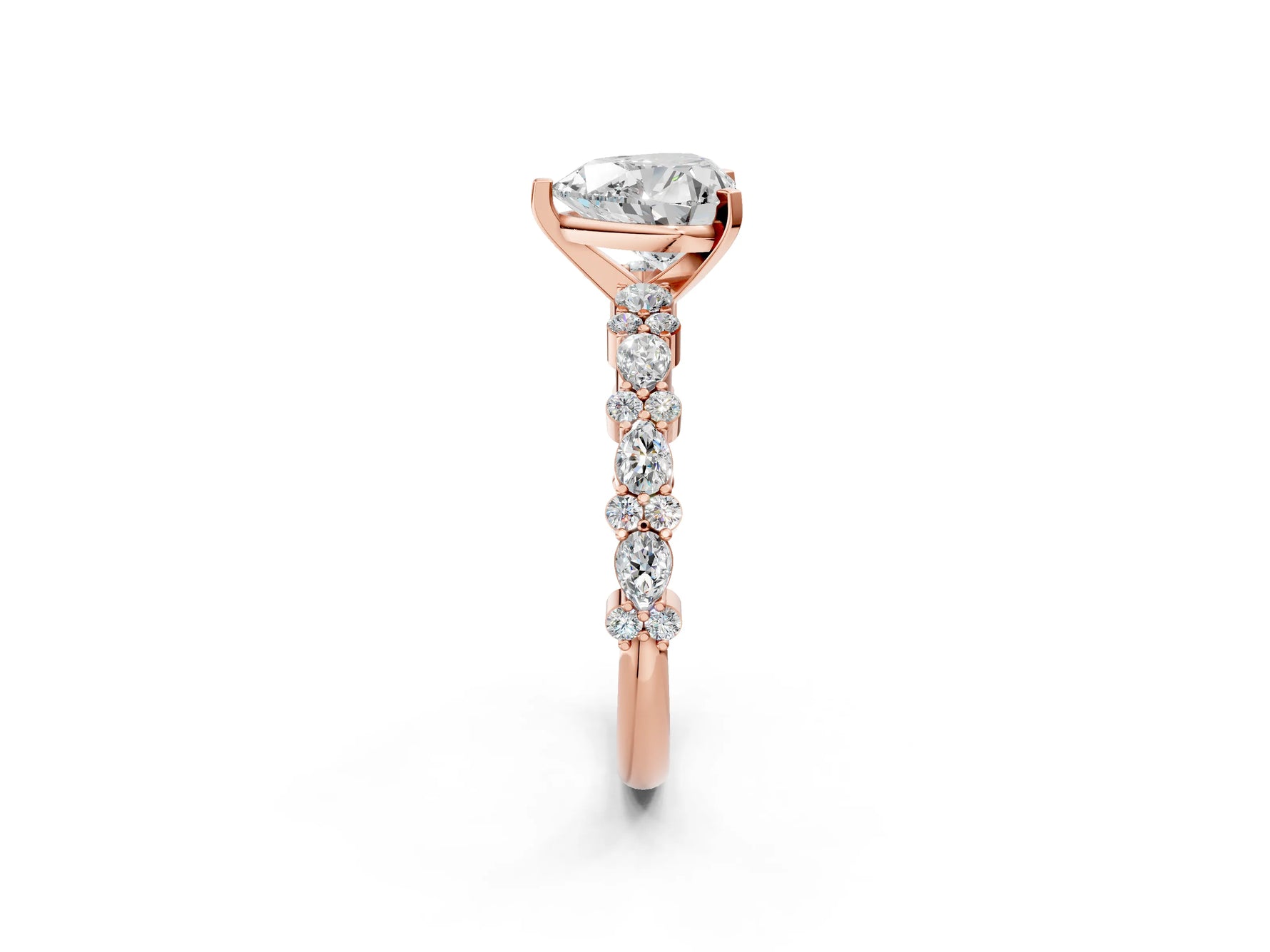 Heart Cut Diamond Solitaire Ring in Rose gold with Pear and Round Cluster Band_14