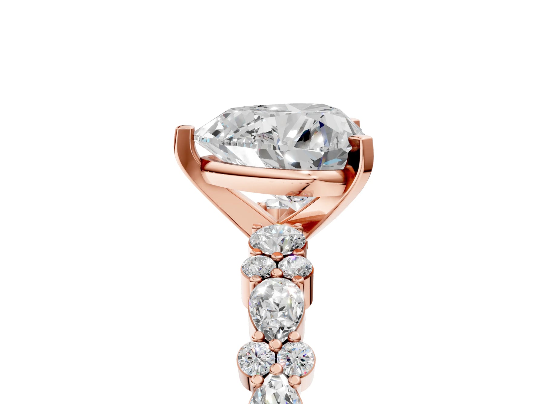 Heart Cut Diamond Solitaire Ring in Rose gold with Pear and Round Cluster Band_17