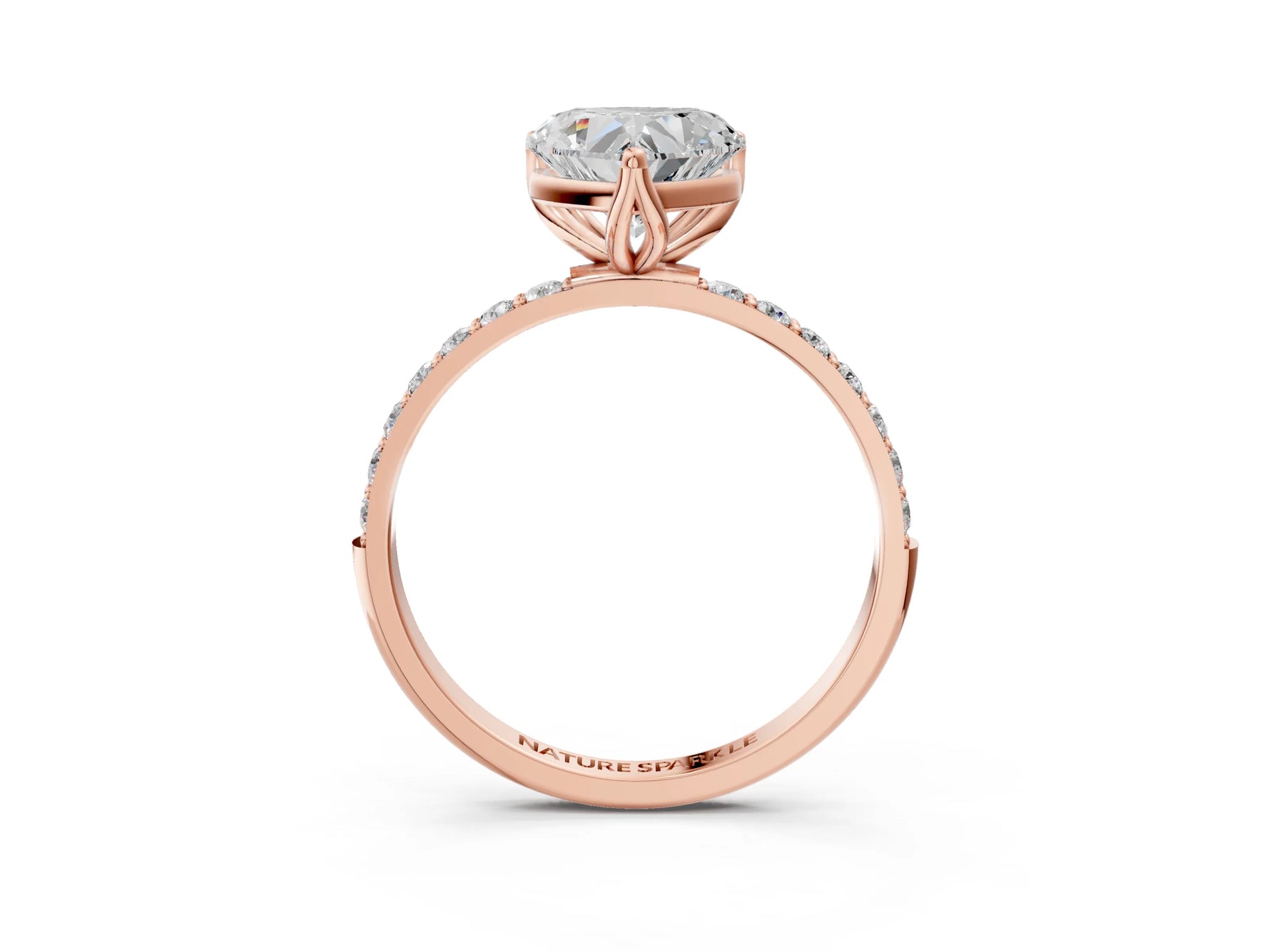 Heart Cut Diamond Solitaire Ring in Rose gold with Round Shared Prong Pavé Band_21