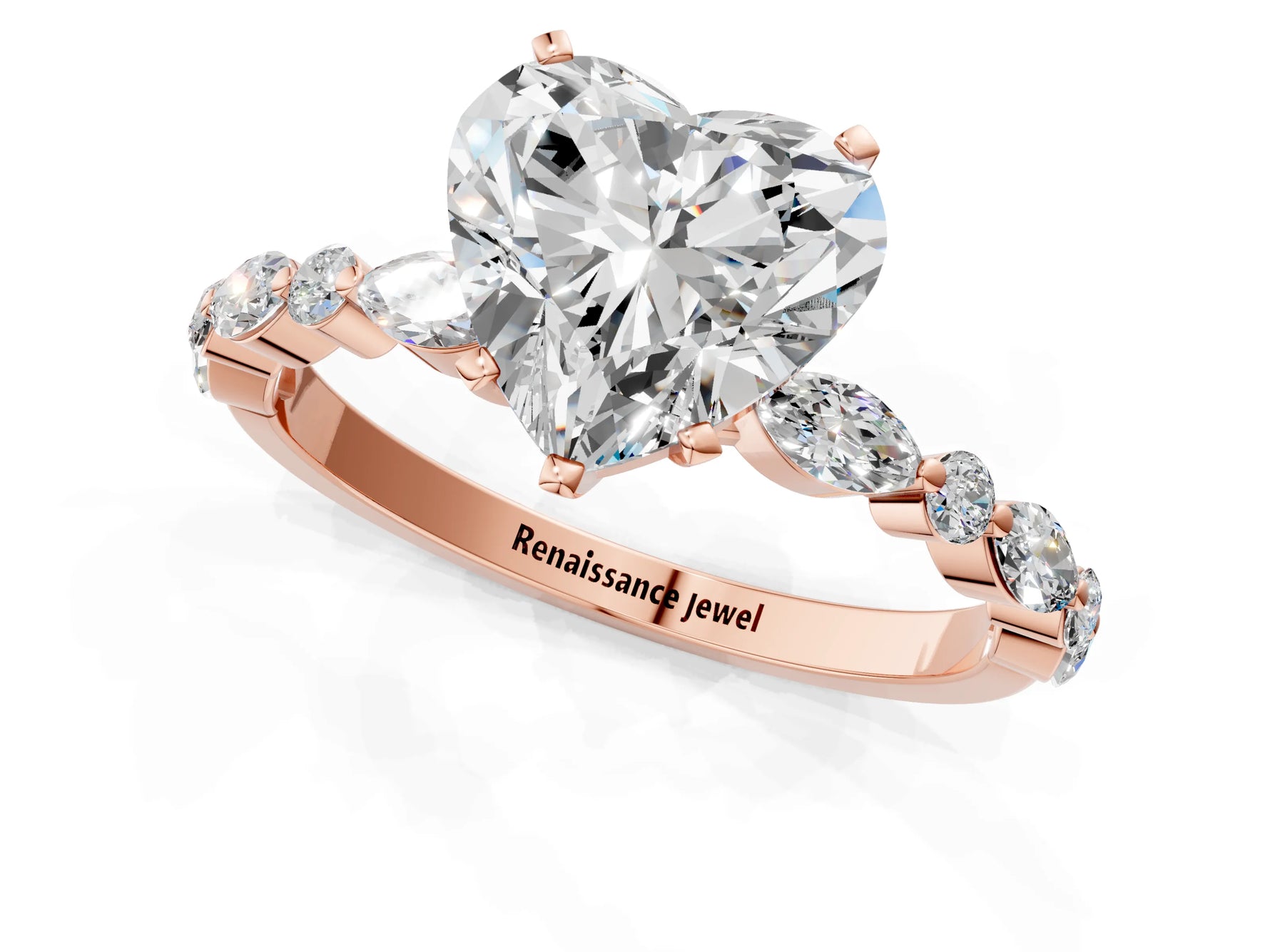 Heart Cut Diamond Solitaire Ring in Rose gold with Shared Prong Marquise and Round Side Stones_13