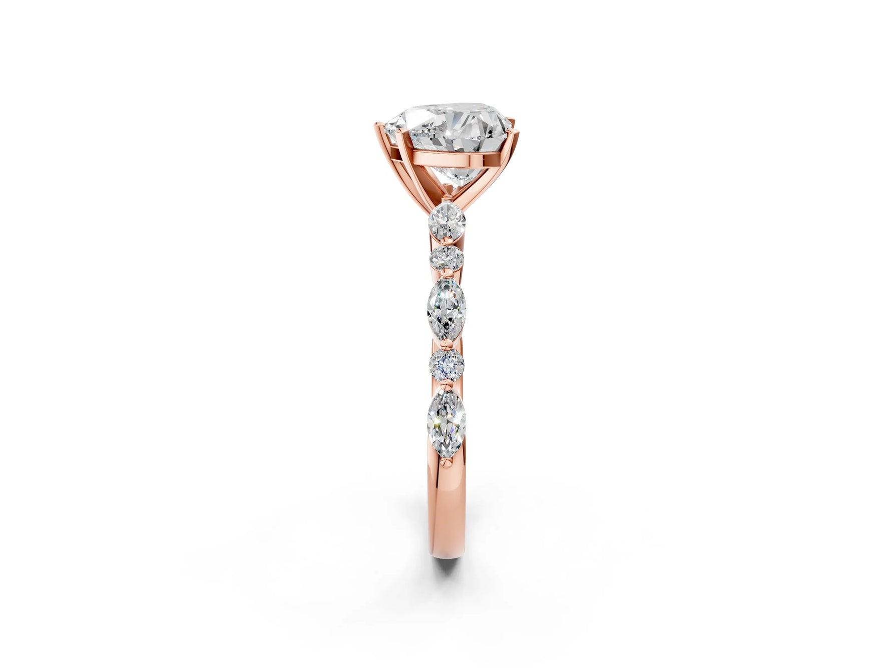 Heart Cut Diamond Solitaire Ring in Rose gold with Shared Prong Marquise and Round Side Stones_14