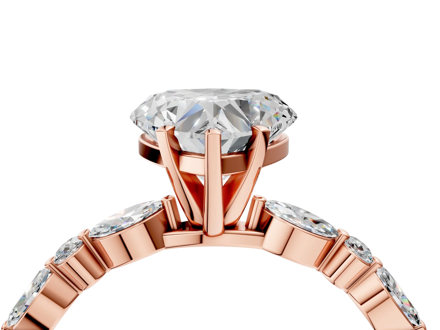 Heart Cut Diamond Solitaire Ring in Rose gold with Shared Prong Marquise and Round Side Stones_16