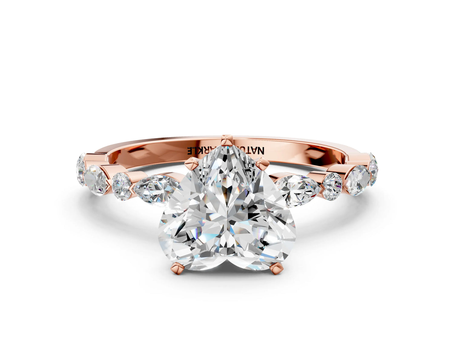 Heart Cut Diamond Solitaire Ring in Rose gold with Shared Prong Marquise and Round Side Stones_36
