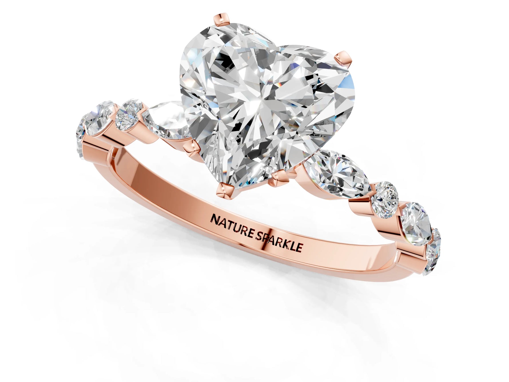 Heart Cut Diamond Solitaire Ring in Rose gold with Shared Prong Marquise and Round Side Stones_37