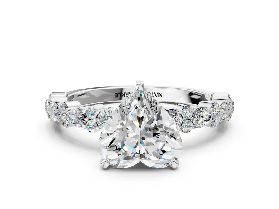 Heart Cut Diamond Solitaire Ring in Silver with Pear and Round Cluster Band