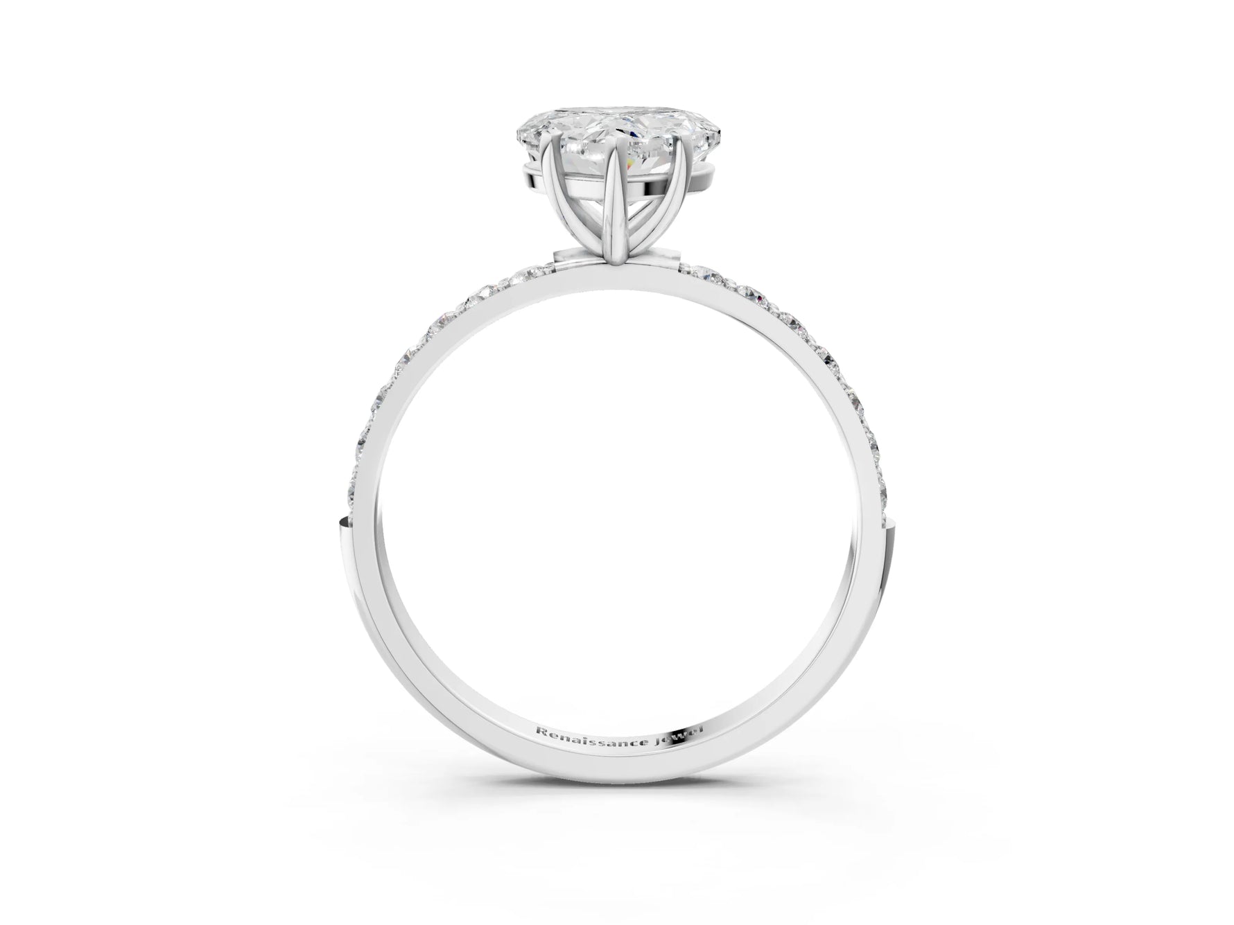 Heart Cut Diamond Solitaire Ring in White gold with Round Pavé Band_9