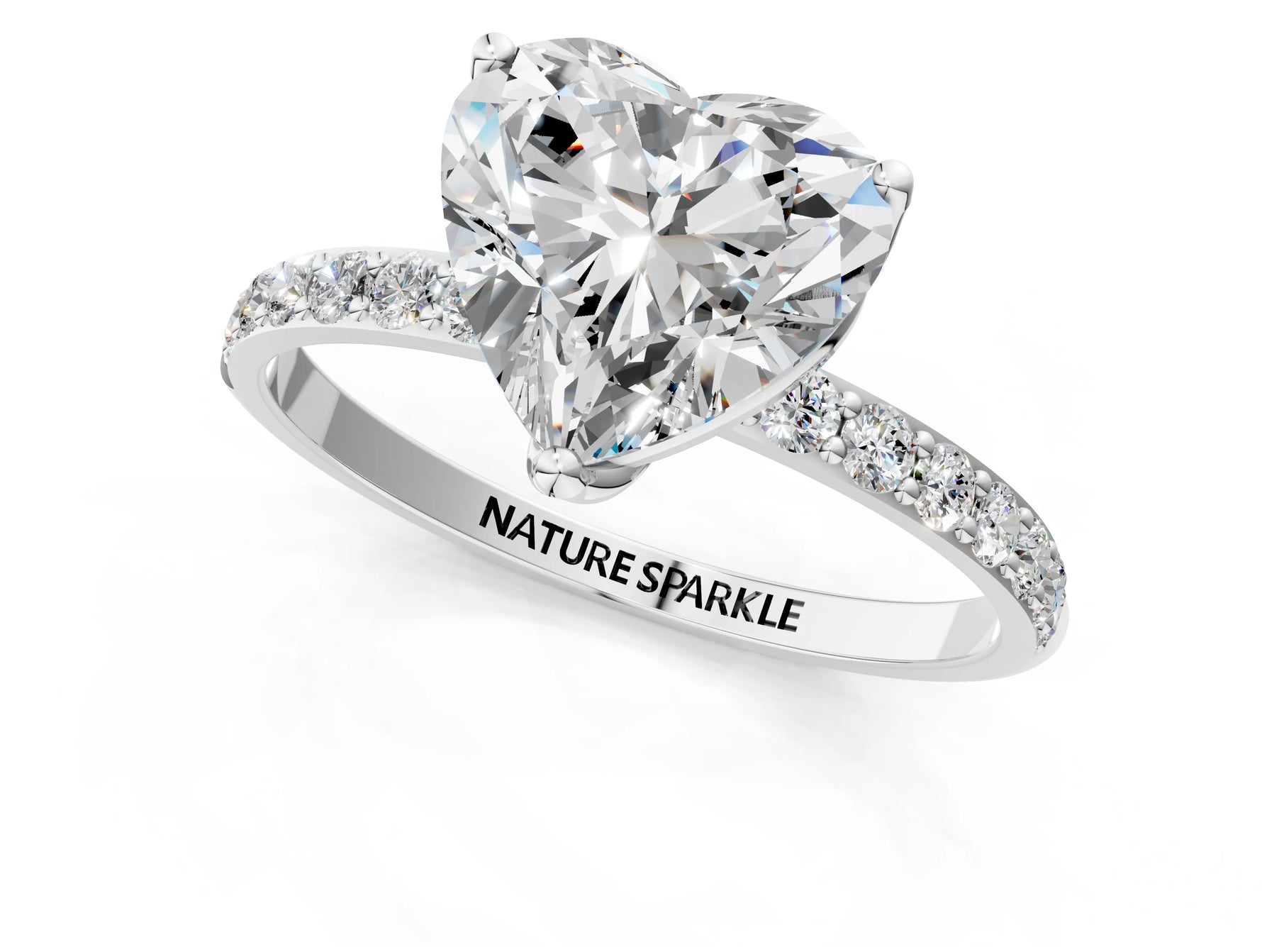 Heart Cut Diamond Solitaire Ring in White gold with Round Shared Prong Pavé Band_19