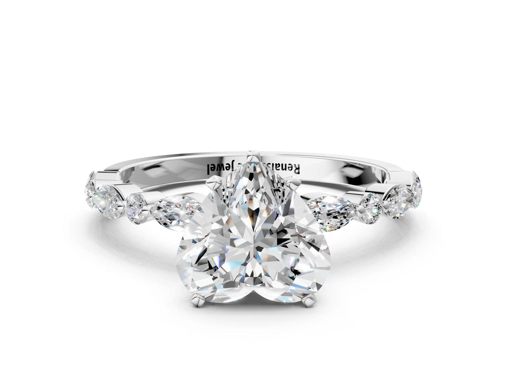 Heart Cut Diamond Solitaire Ring in White gold with Shared Prong Marquise and Round Side Stones_12