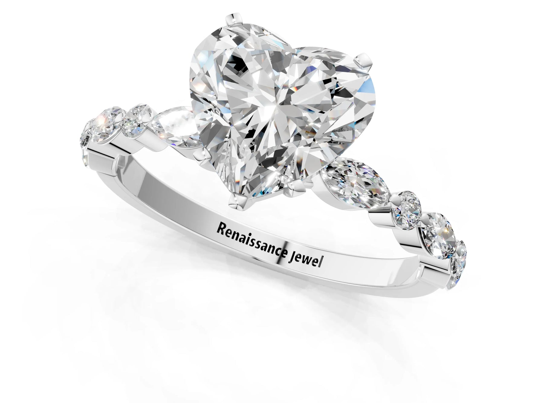 Heart Cut Diamond Solitaire Ring in White gold with Shared Prong Marquise and Round Side Stones_13