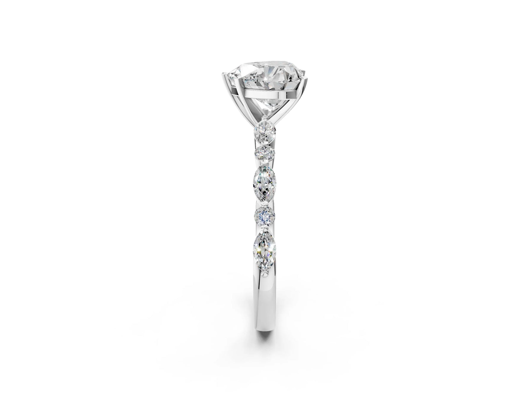 Heart Cut Diamond Solitaire Ring in White gold with Shared Prong Marquise and Round Side Stones_14