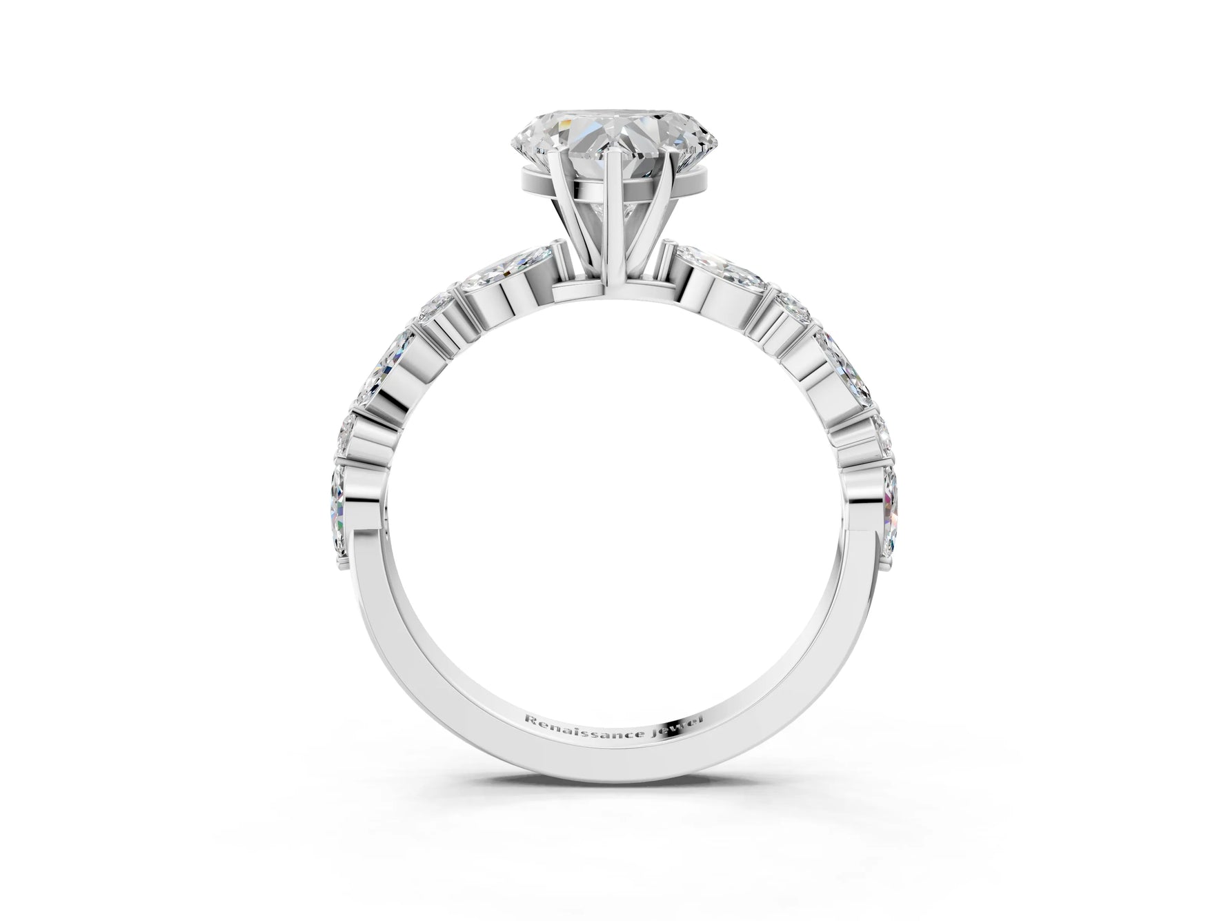 Heart Cut Diamond Solitaire Ring in White gold with Shared Prong Marquise and Round Side Stones_15