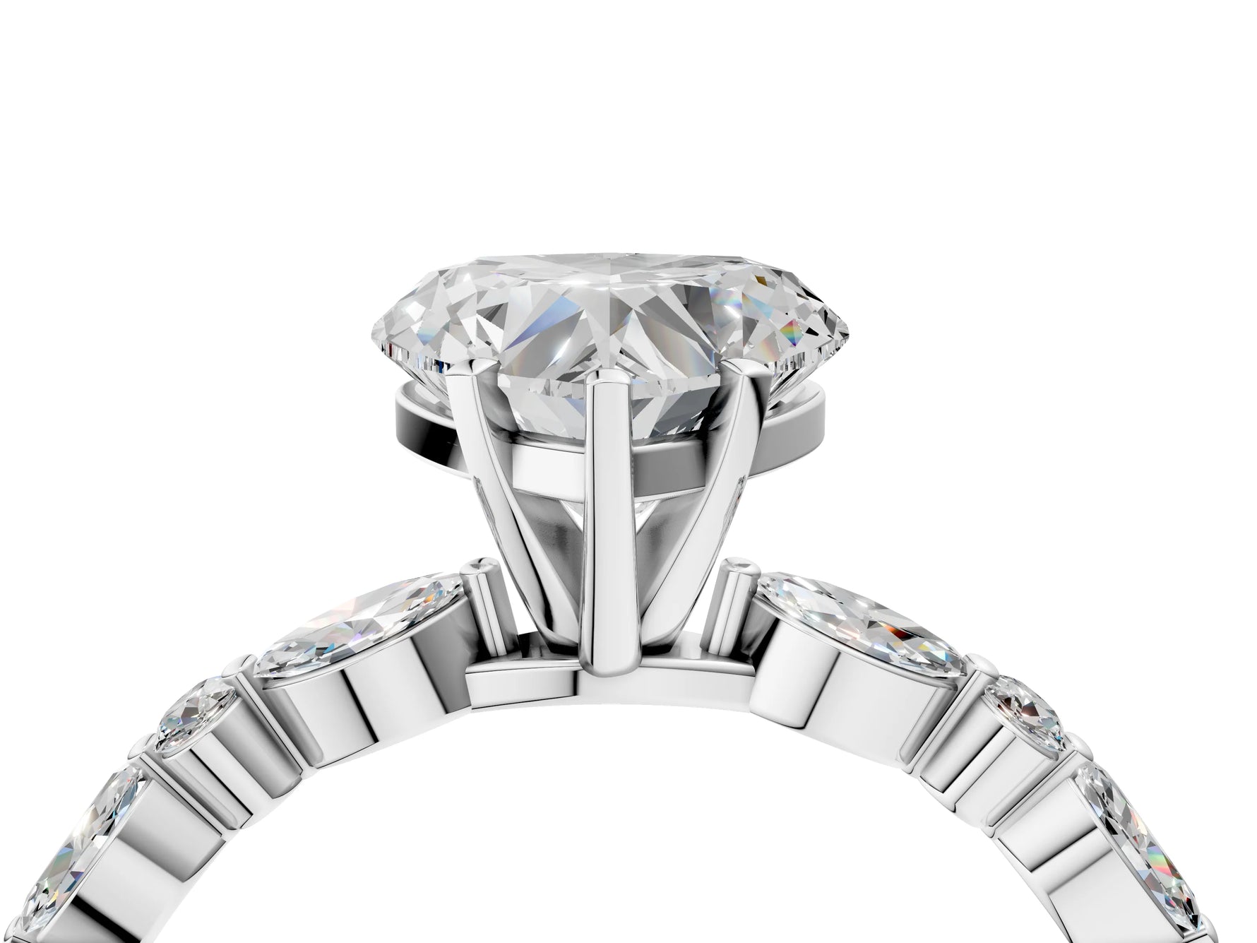 Heart Cut Diamond Solitaire Ring in White gold with Shared Prong Marquise and Round Side Stones_16