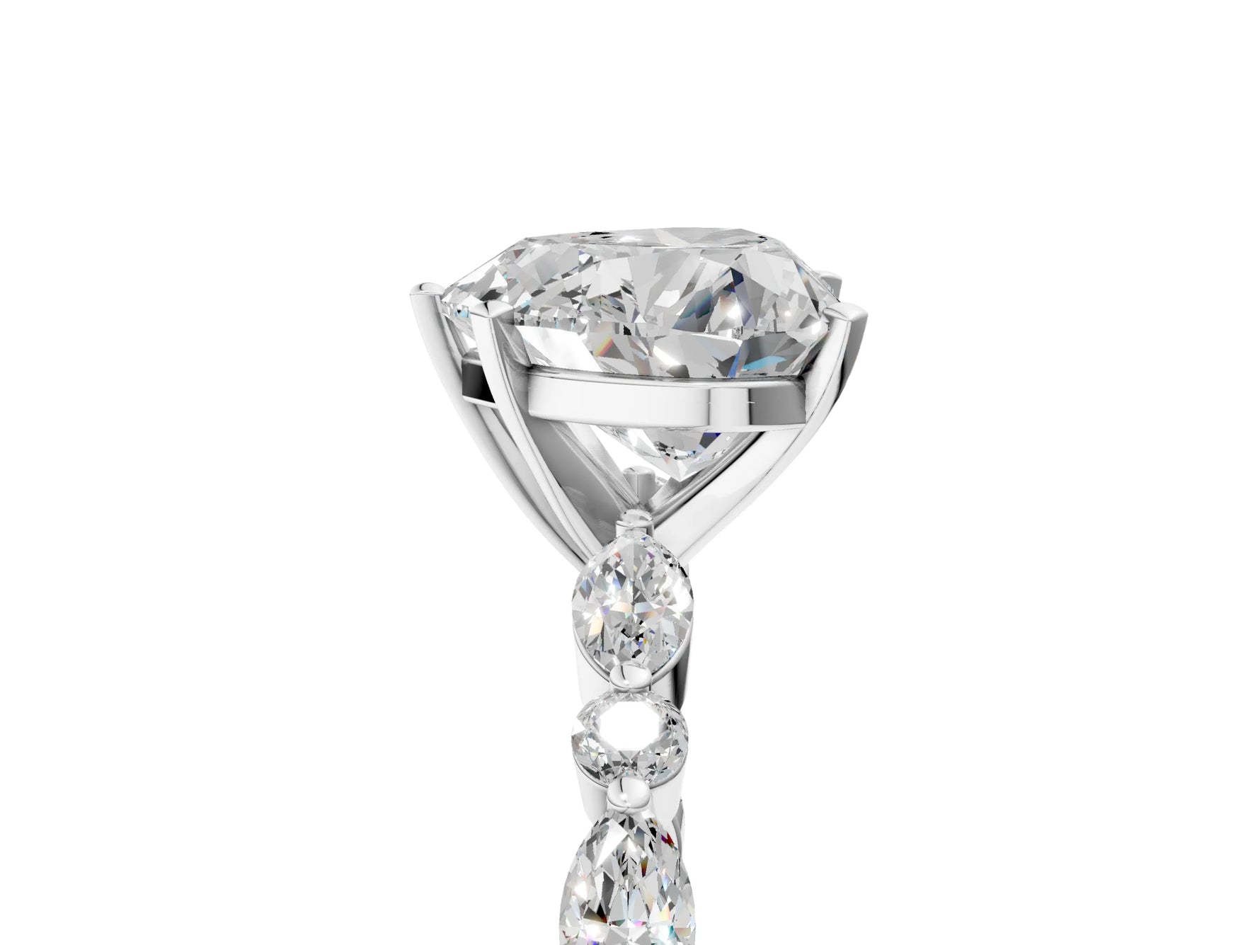 Heart Cut Diamond Solitaire Ring in White gold with Shared Prong Marquise and Round Side Stones_17