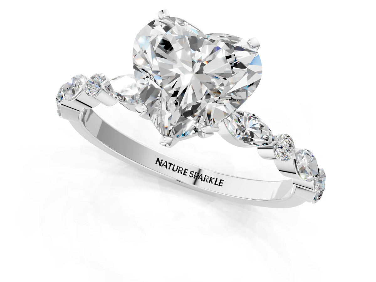 Heart Cut Diamond Solitaire Ring in White gold with Shared Prong Marquise and Round Side Stones_37