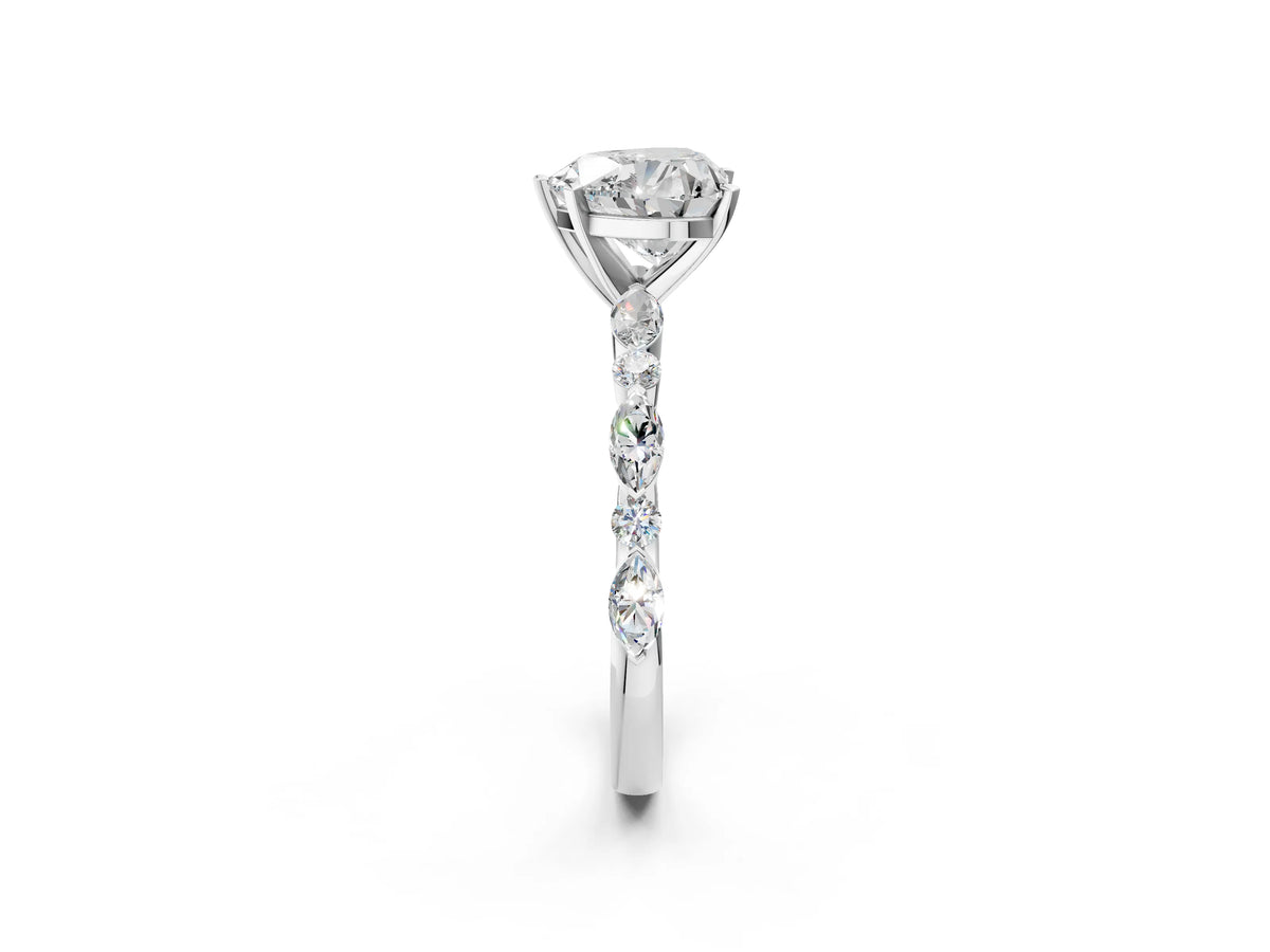 Heart Cut Diamond Solitaire Ring in White gold with Shared Prong Marquise and Round Side Stones_38