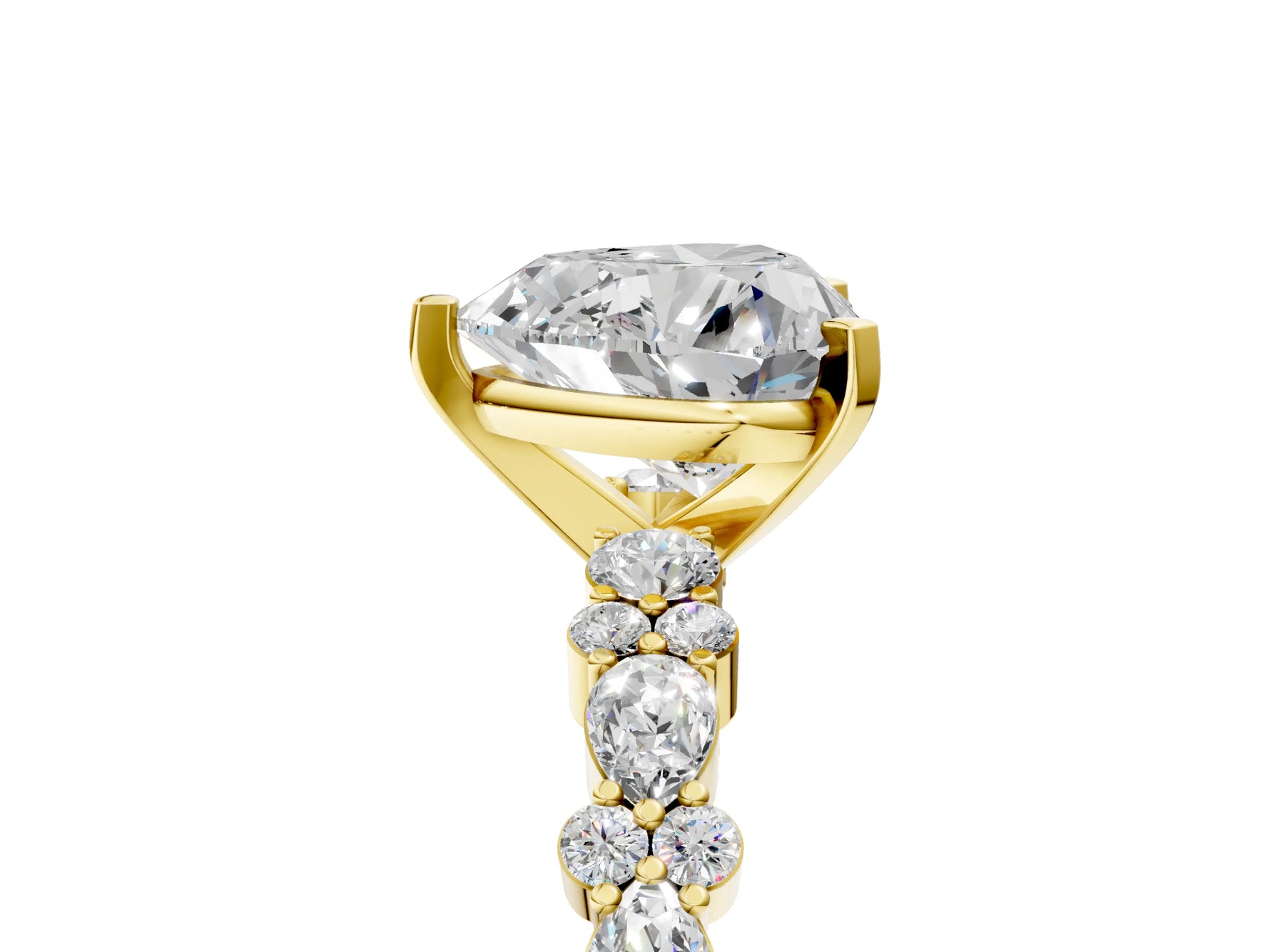 Heart Cut Diamond Solitaire Ring in Yellow gold with Pear and Round Cluster Band_17