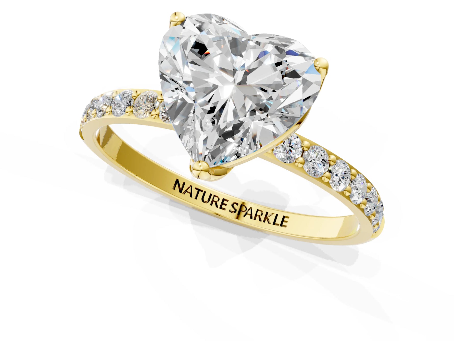 Heart Cut Diamond Solitaire Ring in Yellow gold with Round Shared Prong Pavé Band_19