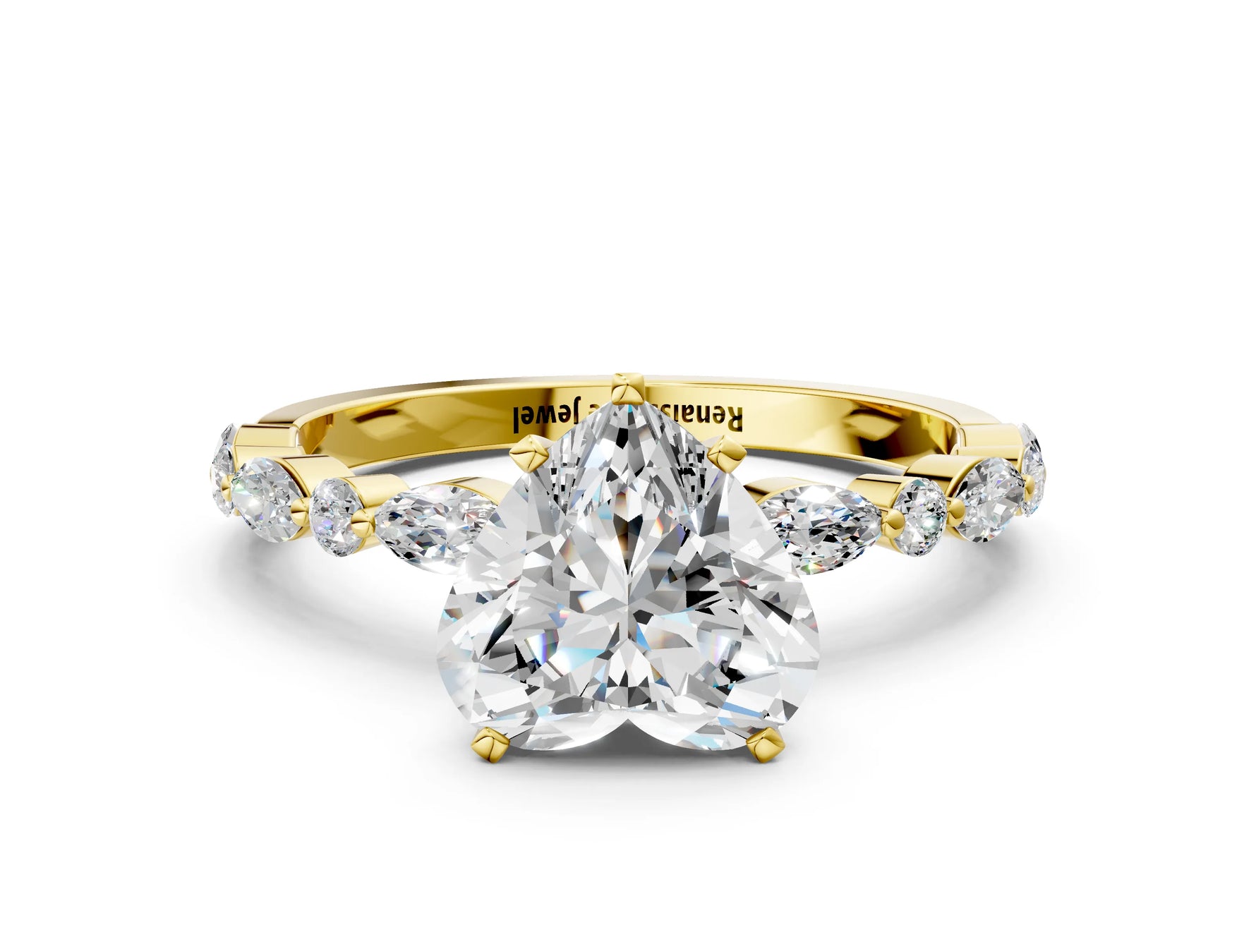 Heart Cut Diamond Solitaire Ring in Yellow gold with Shared Prong Marquise and Round Side Stones_12