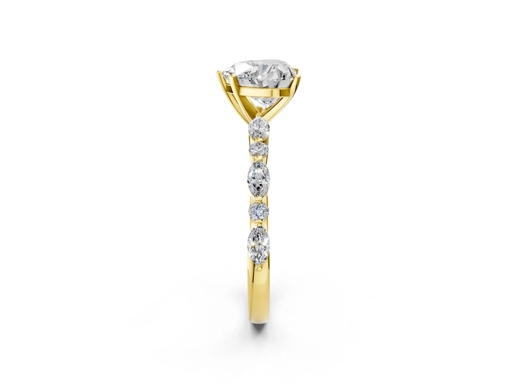 Heart Cut Diamond Solitaire Ring in Yellow gold with Shared Prong Marquise and Round Side Stones_14