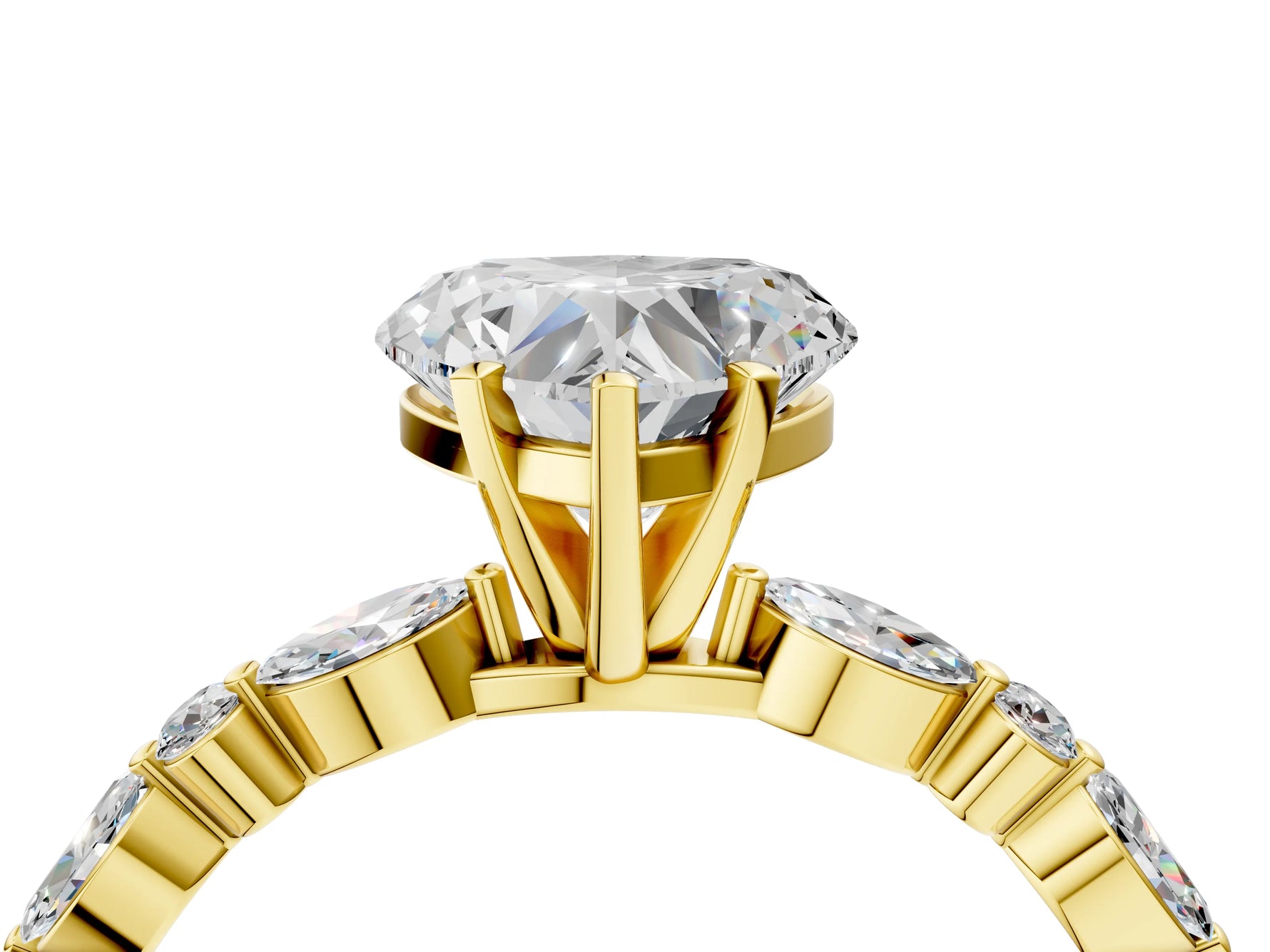Heart Cut Diamond Solitaire Ring in Yellow gold with Shared Prong Marquise and Round Side Stones_16
