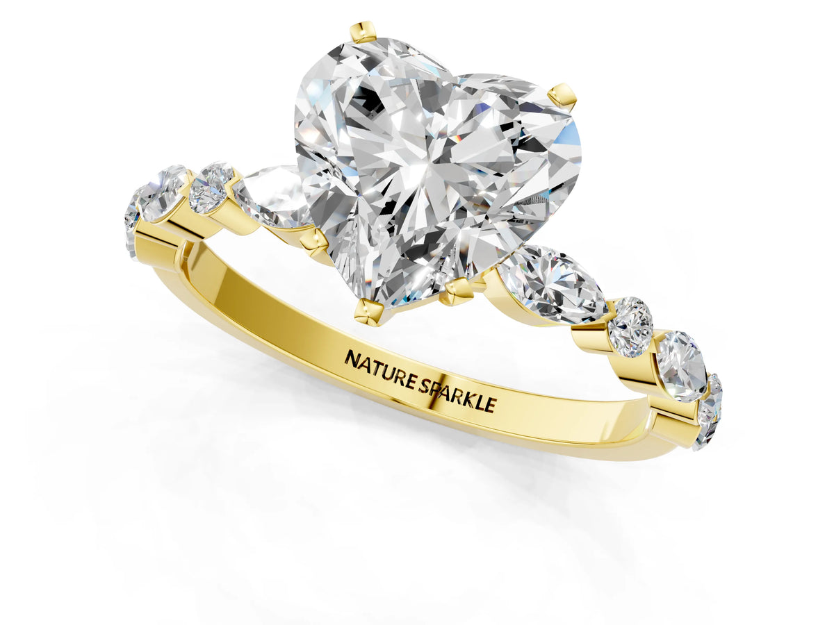 Heart Cut Diamond Solitaire Ring in Yellow gold with Shared Prong Marquise and Round Side Stones_37
