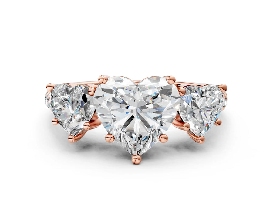 Heart Cut Diamond Trellis Three-Stone Engagement Ring in Rose gold with Round Side Stones