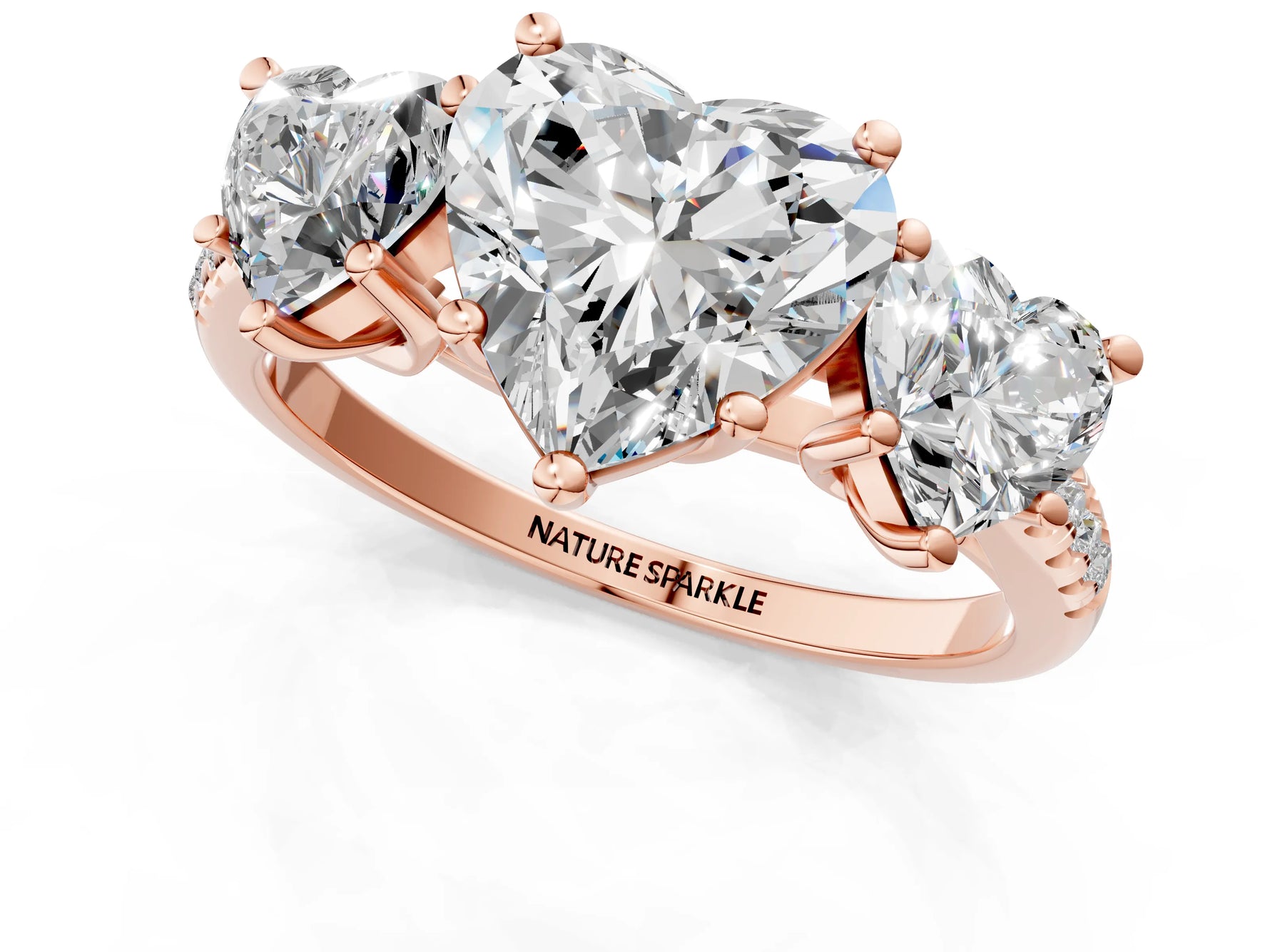 Heart Cut Diamond Trellis Three-Stone Engagement Ring in Rose gold with Round Side Stones_19