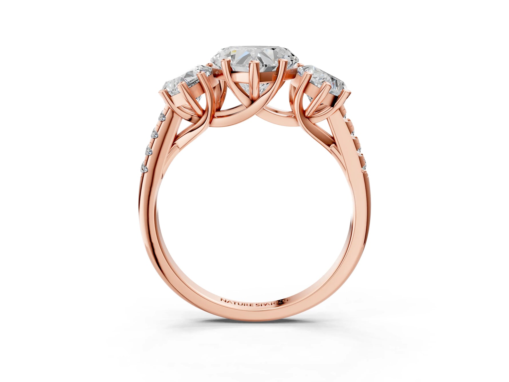 Heart Cut Diamond Trellis Three-Stone Engagement Ring in Rose gold with Round Side Stones_21