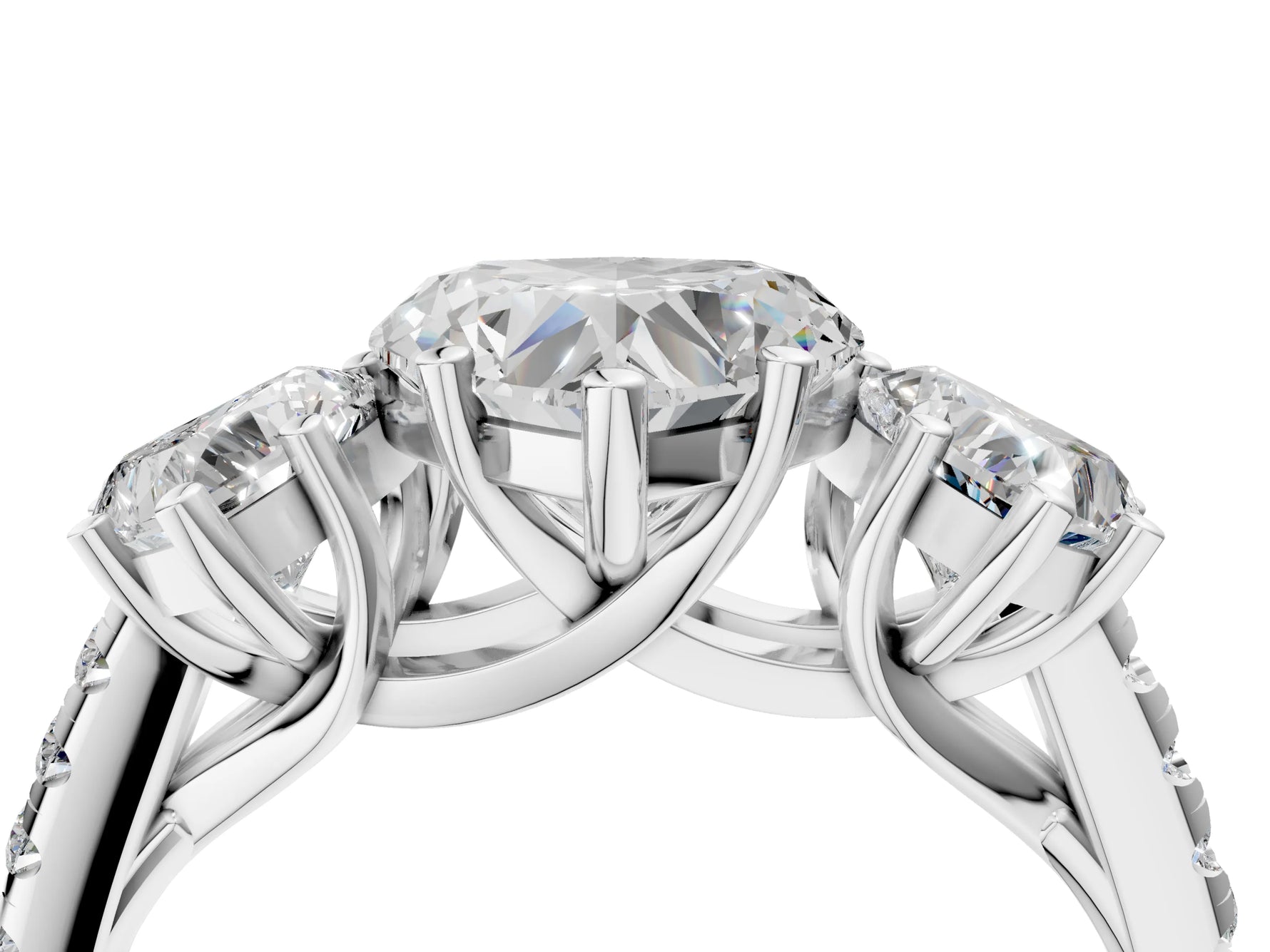 Heart Cut Diamond Trellis Three-Stone Engagement Ring in White gold with Round Side Stones_10