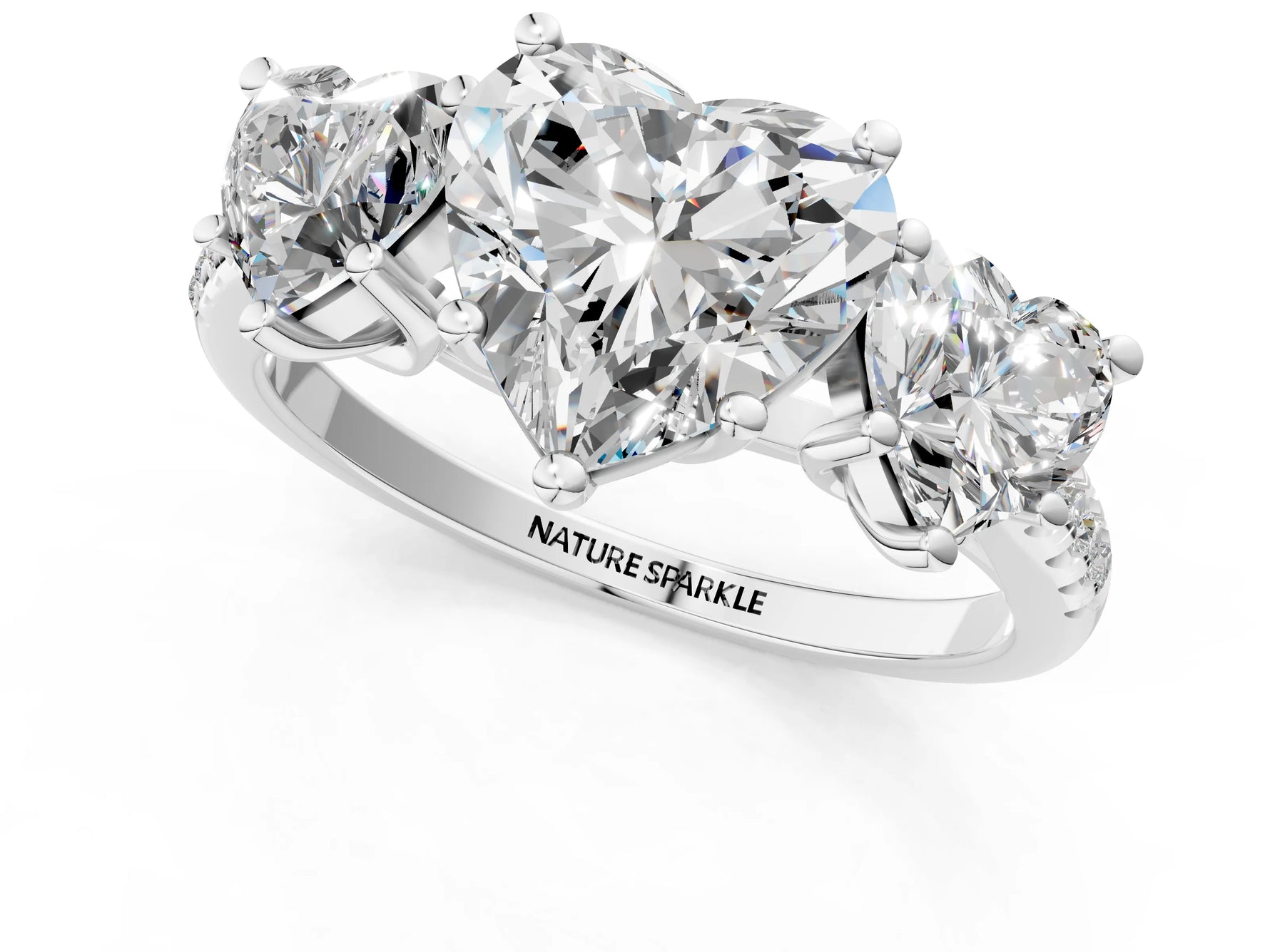 Heart Cut Diamond Trellis Three-Stone Engagement Ring in White gold with Round Side Stones_13