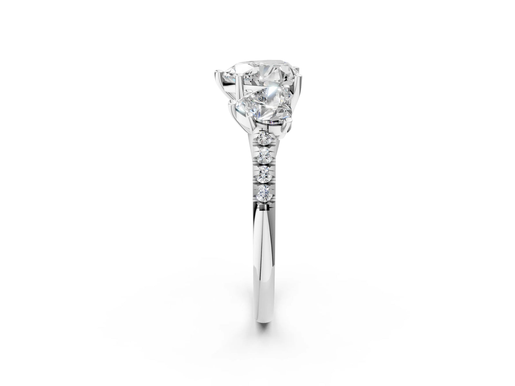 Heart Cut Diamond Trellis Three-Stone Engagement Ring in White gold with Round Side Stones_14