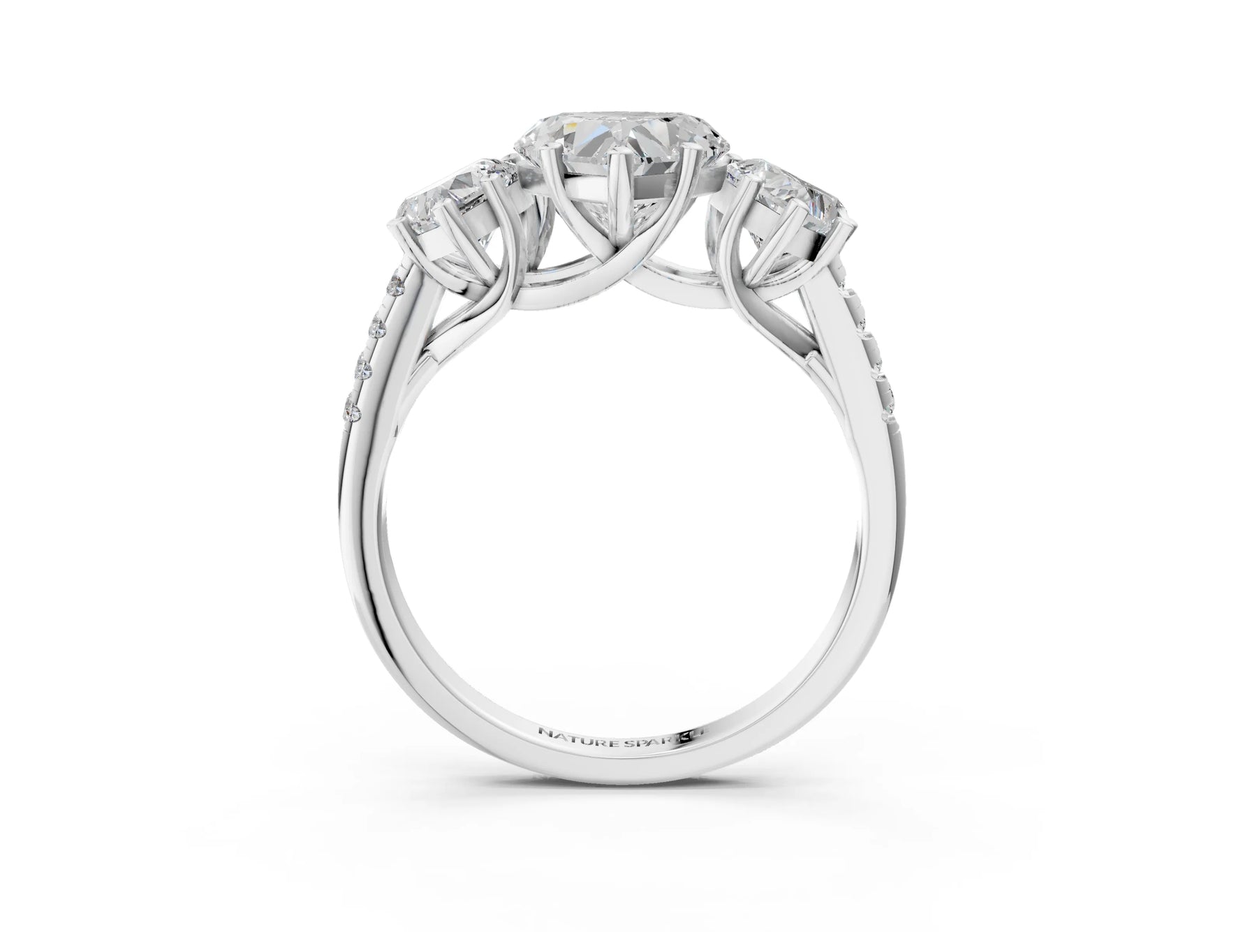 Heart Cut Diamond Trellis Three-Stone Engagement Ring in White gold with Round Side Stones_15