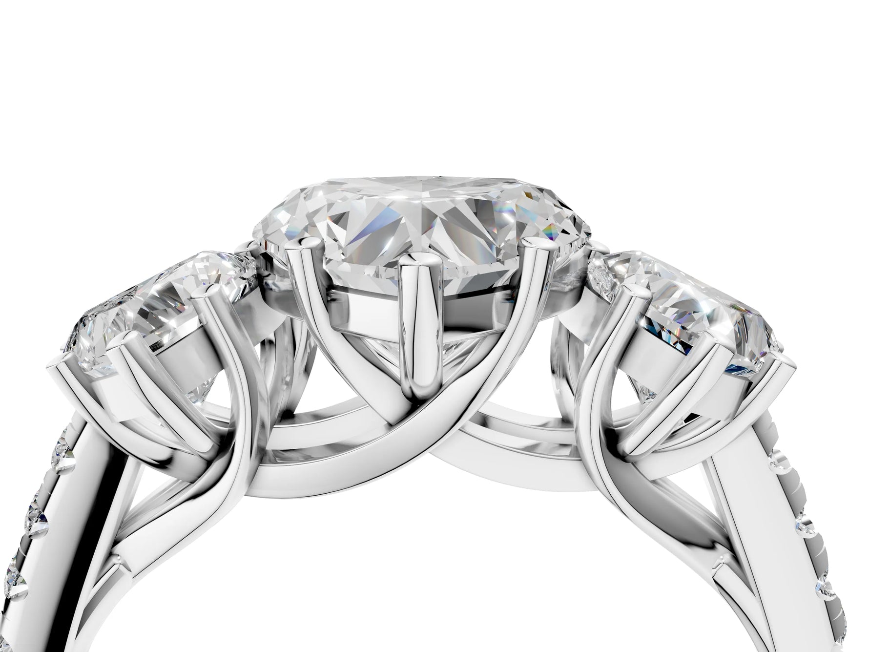 Heart Cut Diamond Trellis Three-Stone Engagement Ring in White gold with Round Side Stones_16