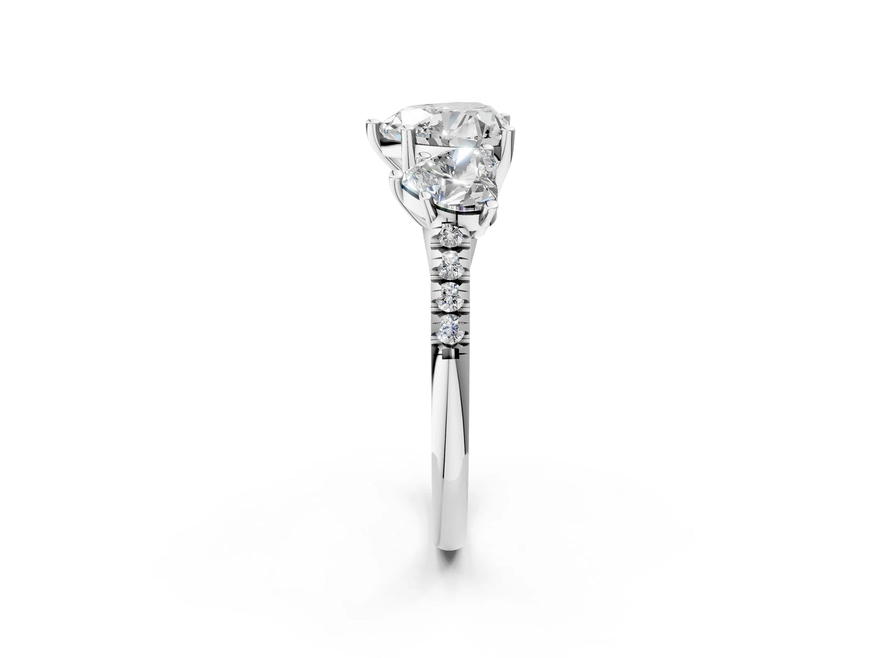 Heart Cut Diamond Trellis Three-Stone Engagement Ring in White gold with Round Side Stones_26