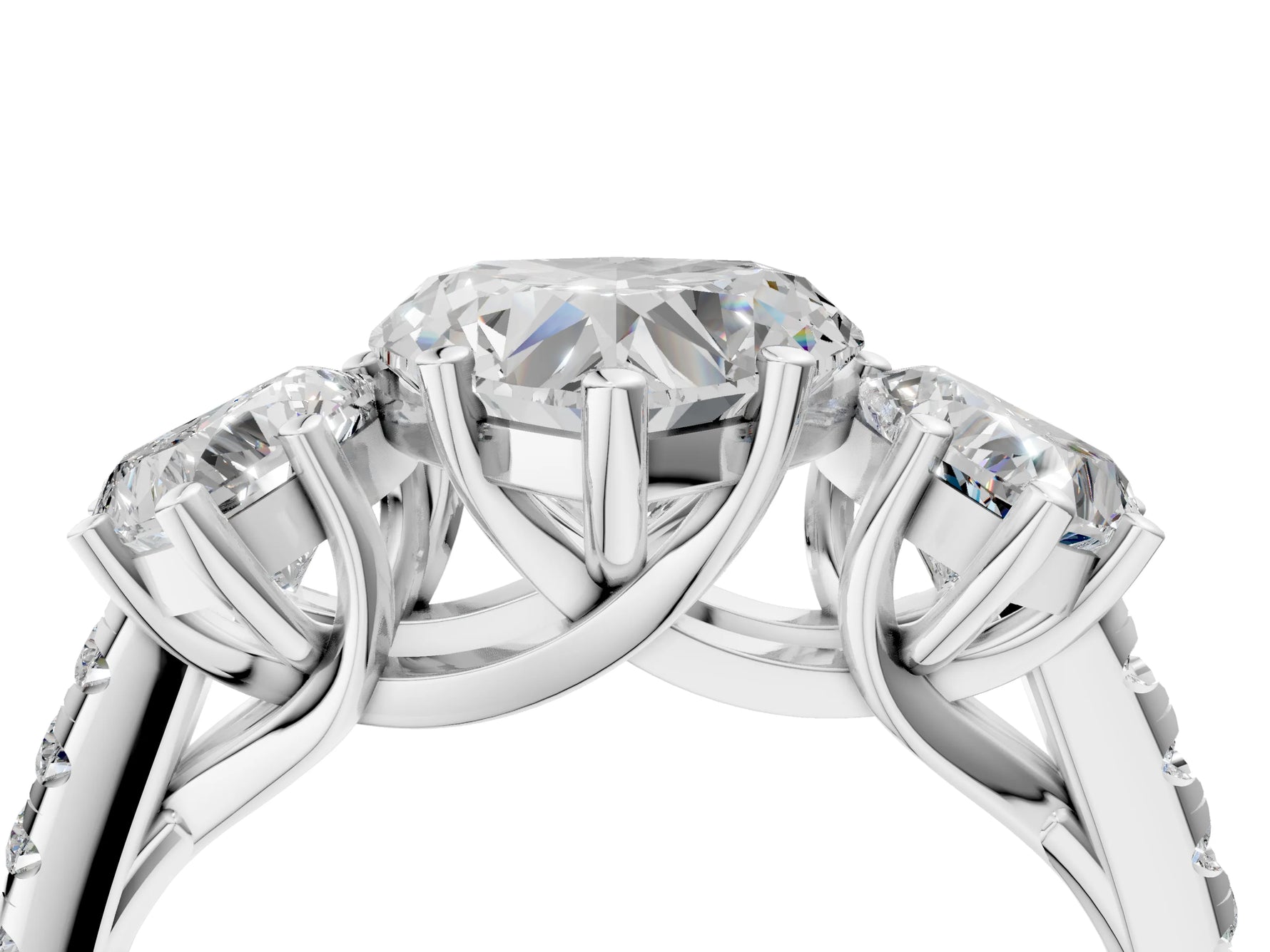 Heart Cut Diamond Trellis Three-Stone Engagement Ring in White gold with Round Side Stones_28