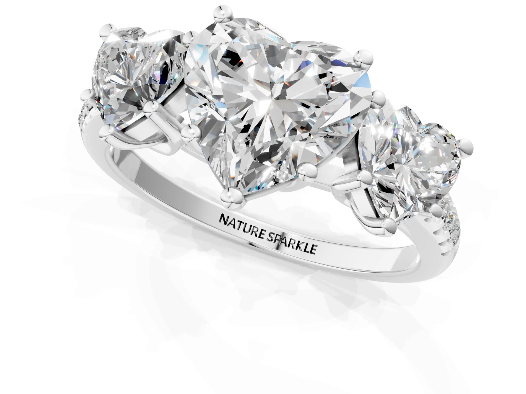 Heart Cut Diamond Trellis Three-Stone Engagement Ring in White gold with Round Side Stones_37