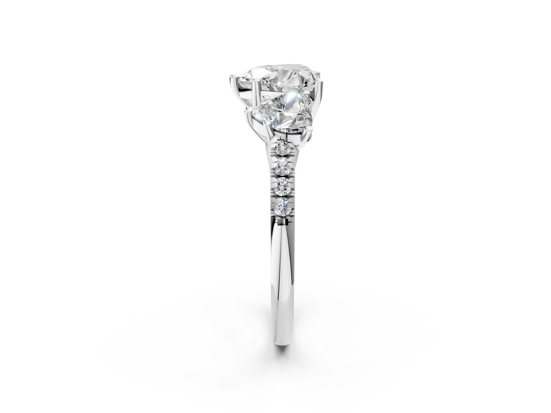 Heart Cut Diamond Trellis Three-Stone Engagement Ring in White gold with Round Side Stones_8